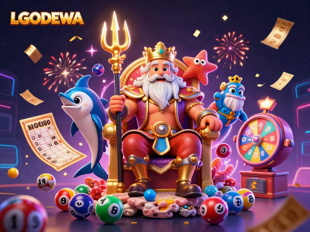 Experience the excitement of LGODEWA with Neptune and his allies in this vibrant casino-themed illustration.