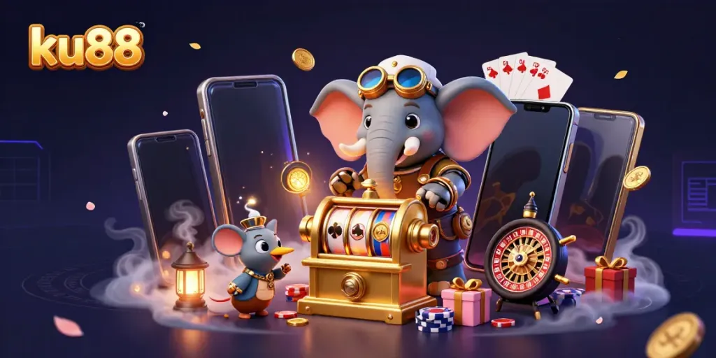 Engage with ku88's thrilling slots as a steampunk elephant operates a golden slot machine in an exciting casino scene.