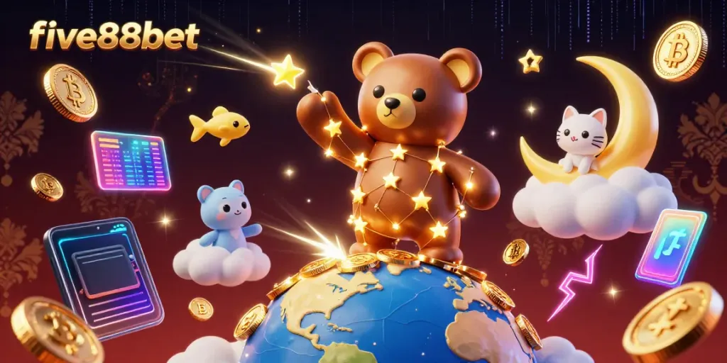 Discover the captivating five88bet universe with a celestial bear and vibrant crypto symbols.
