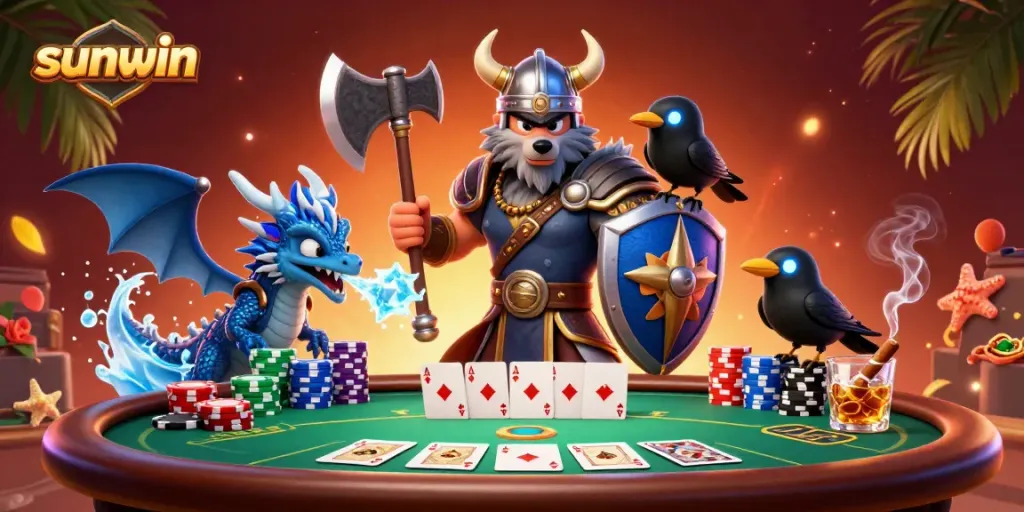 Engage with the thrilling atmosphere of sunwin's dynamic gaming scene featuring a Viking wolf and dragon.