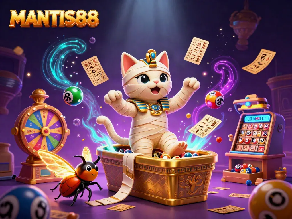 MANTIS88 offers a captivating gaming experience with a 3D mummy cat and vibrant casino elements.