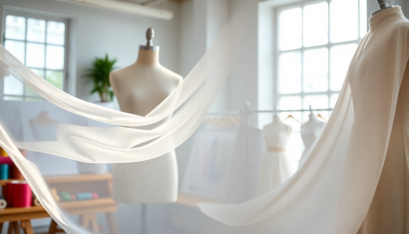 Chiffonstof die vakkundig wordt gedrapeerd door een naaister in een modeatelier.