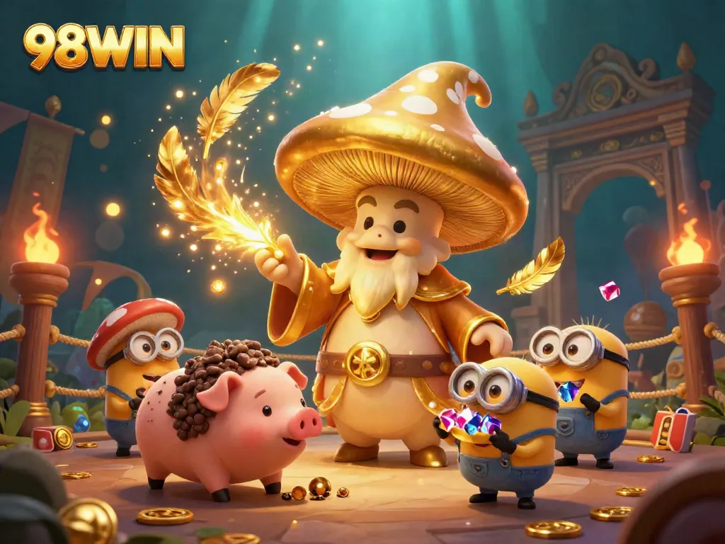 Experience the thrilling world of 98WIN with a golden mushroom wizard casting spells amidst dynamic gambling elements.