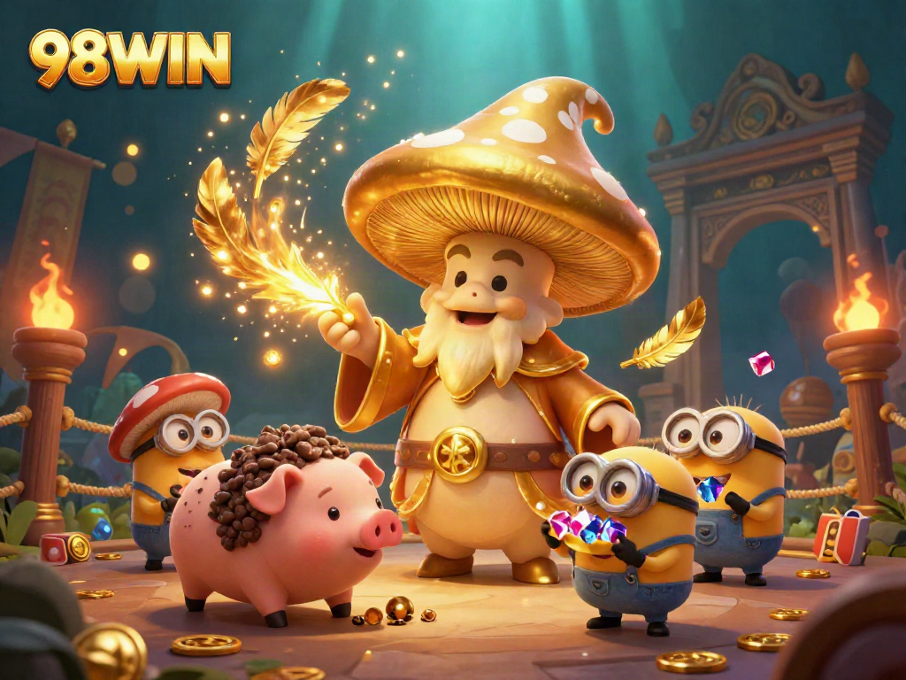 Experience the thrilling world of 98WIN with a golden mushroom wizard casting spells amidst dynamic gambling elements.