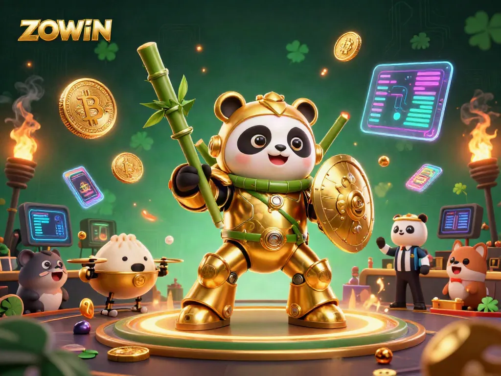 Play exciting casino games with ZOWIN's dynamic mech panda pilot amidst glowing crypto elements.