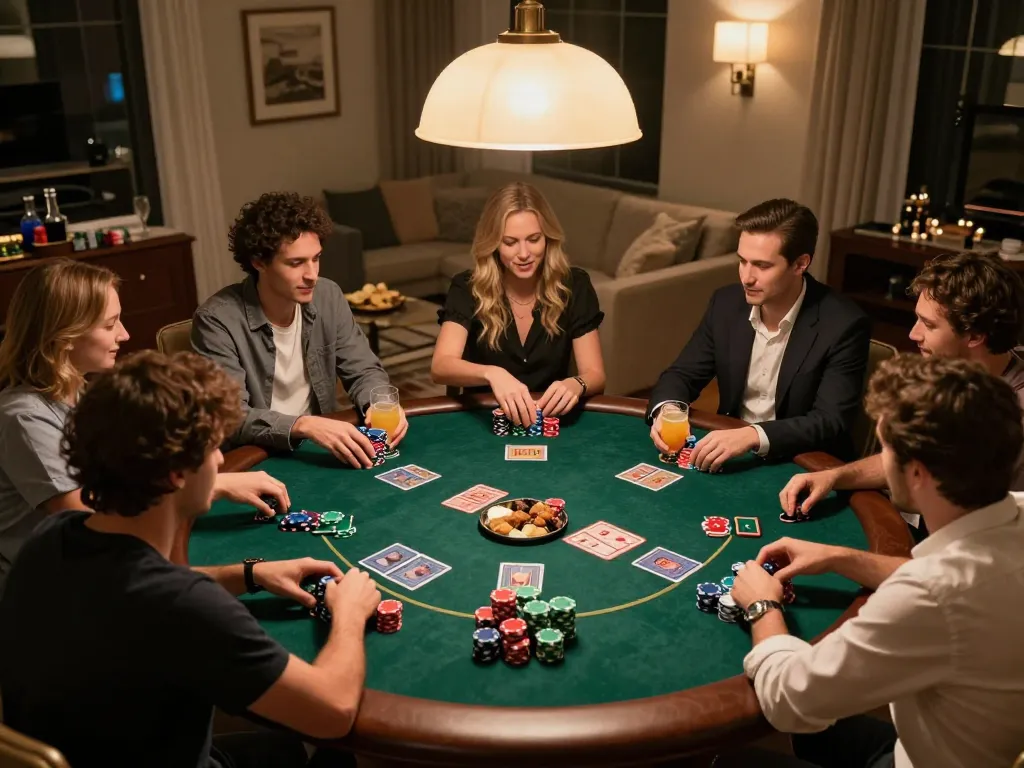 Engaging poker night with friends enjoying hongkong pools strategy, colorful chips on the table.