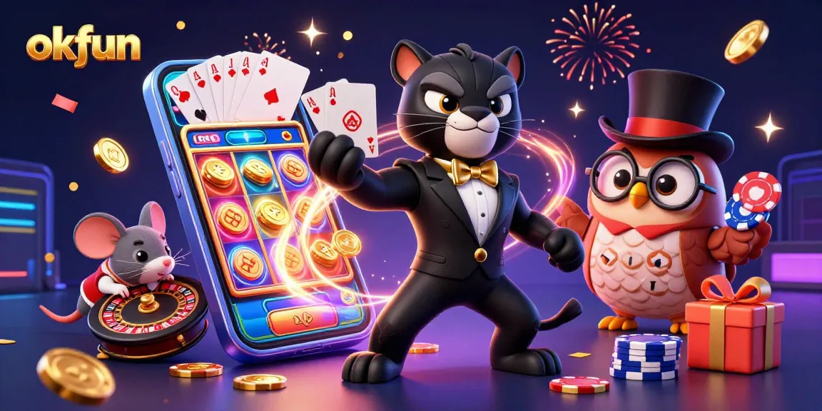 Engage with okfun's vibrant casino atmosphere featuring a stylish black panther, an owl, and a lucky mouse amidst dynamic gaming elements.