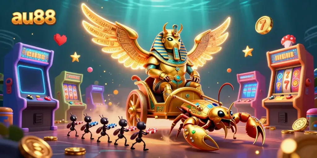 Experience the excitement of au88 with a dynamic casino scene featuring a golden scarab chariot, scorpions, and arcade elements.