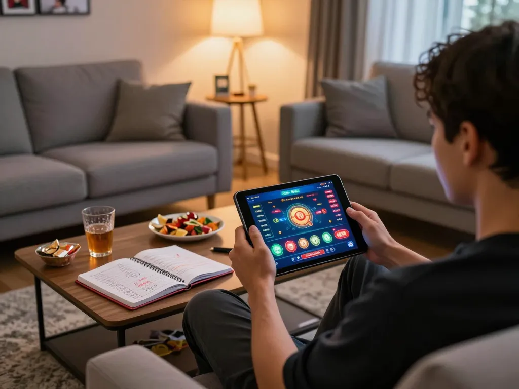 Engaging gaming moment on a tablet featuring wittehomesolutions casino app in a cozy living room.