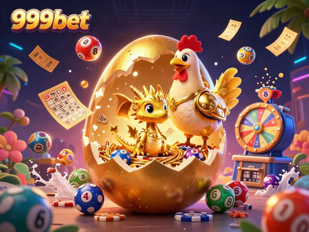 Play and win at 999bet with an exciting 3D casino illustration featuring a golden dragon and dynamic casino elements.