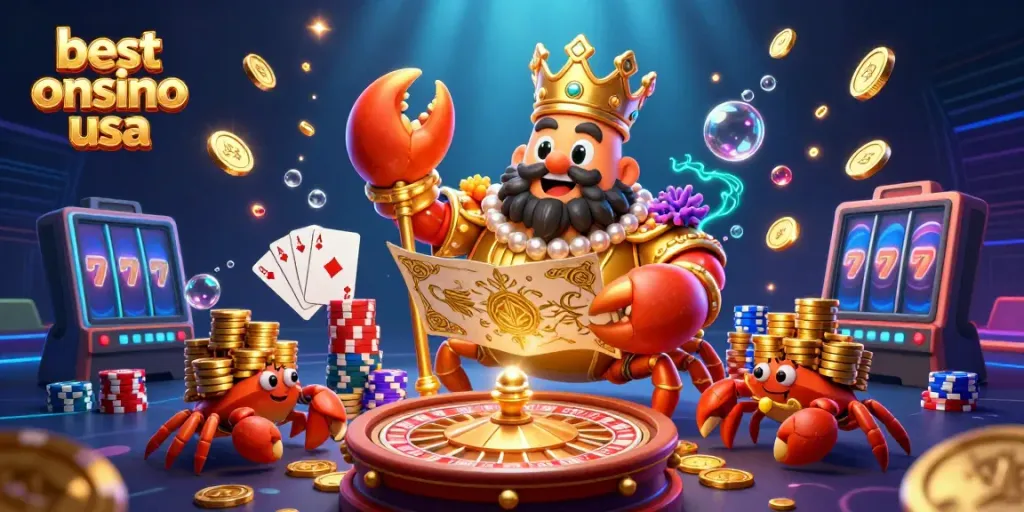 Experience the best online casino usa with a golden crab emperor amidst a treasure-filled scene.