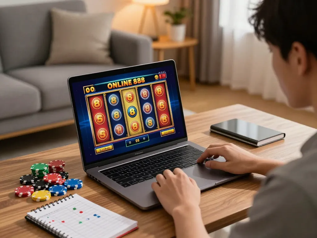 Engaging in online slot88 gaming in a cozy home setup with vibrant visuals and strategic notes.