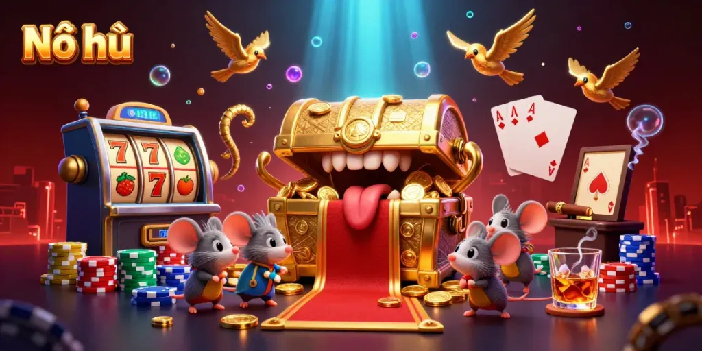 Nổ hũ slot machine with alluring treasure chest illustration, showcasing dynamic gaming elements.