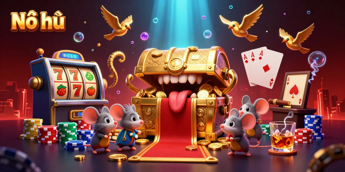 Nổ hũ slot machine with alluring treasure chest illustration, showcasing dynamic gaming elements.
