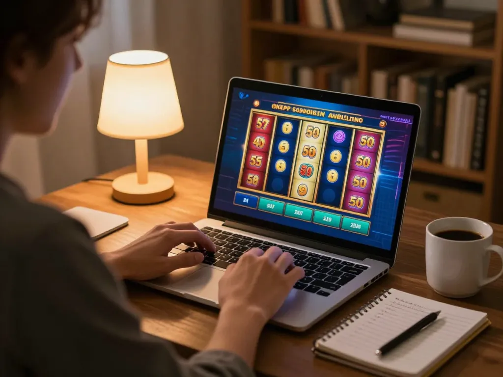 Engaging home gaming setup for bet kecil 50 slot games with vibrant reels on screen