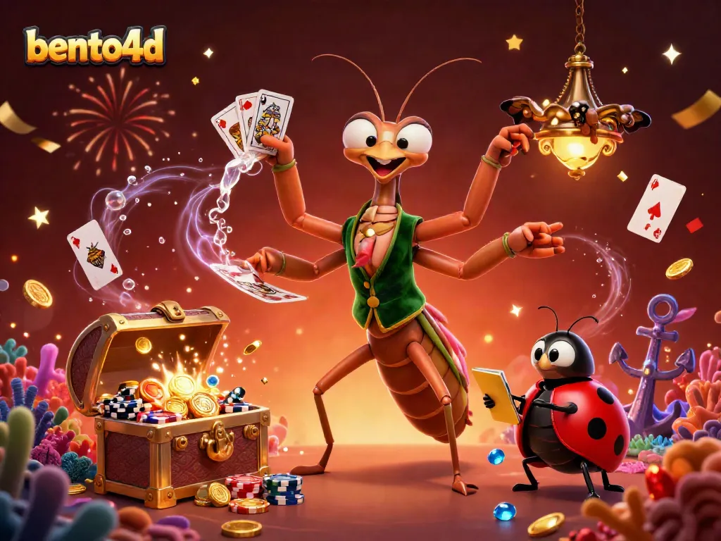 Bento4d players revel in a dynamic casino scene, highlighted by a giant praying mantis card sharp and vibrant elements.