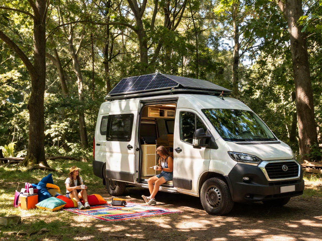 ROKOK88 campervan lifestyle scene in serene forest, couple enjoying coffee.