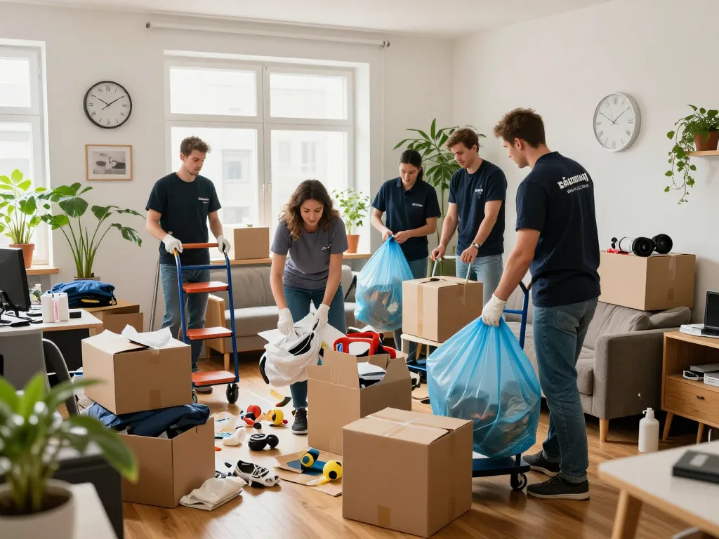 Räumung Wien: professionelles Team, das Unordnung in einem Wiener Zuhause mit Sortierstationen beseitigt.