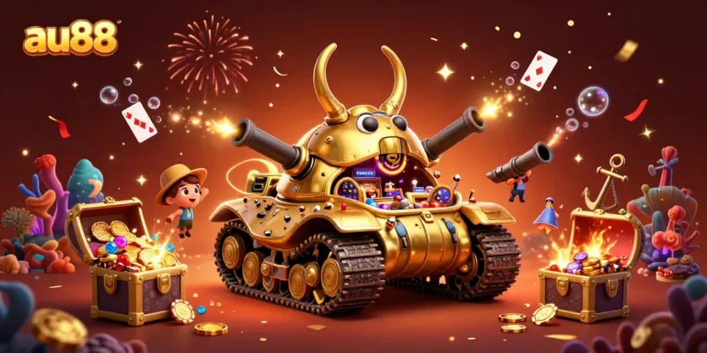 Celebrate at au88 with a vibrant 3D casino scene featuring gold coins and joyful games.
