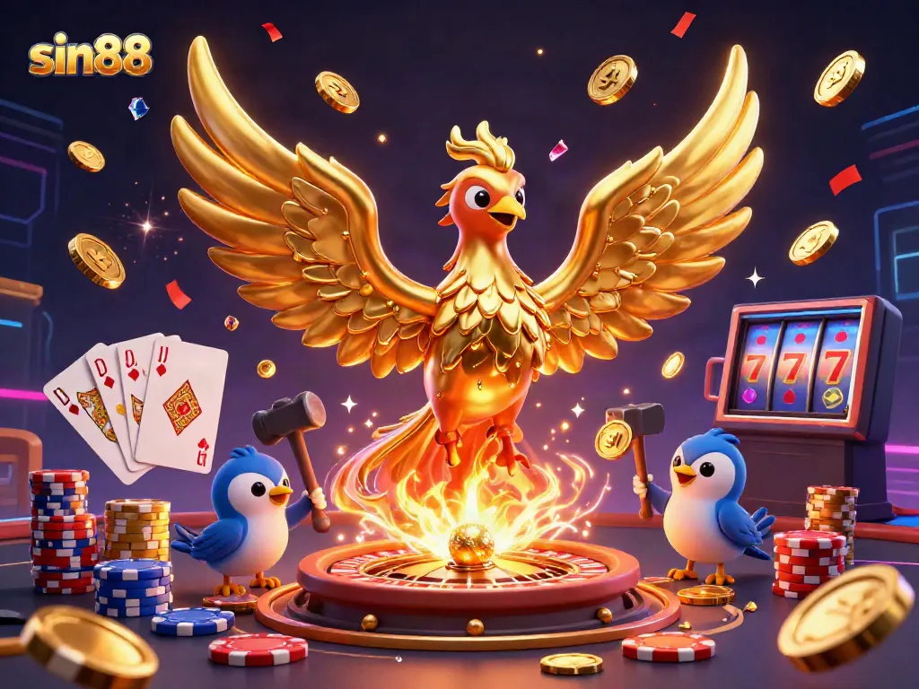 Engage with sin88's dynamic casino scene, showcasing golden phoenix, vibrant chips, and slot reels.