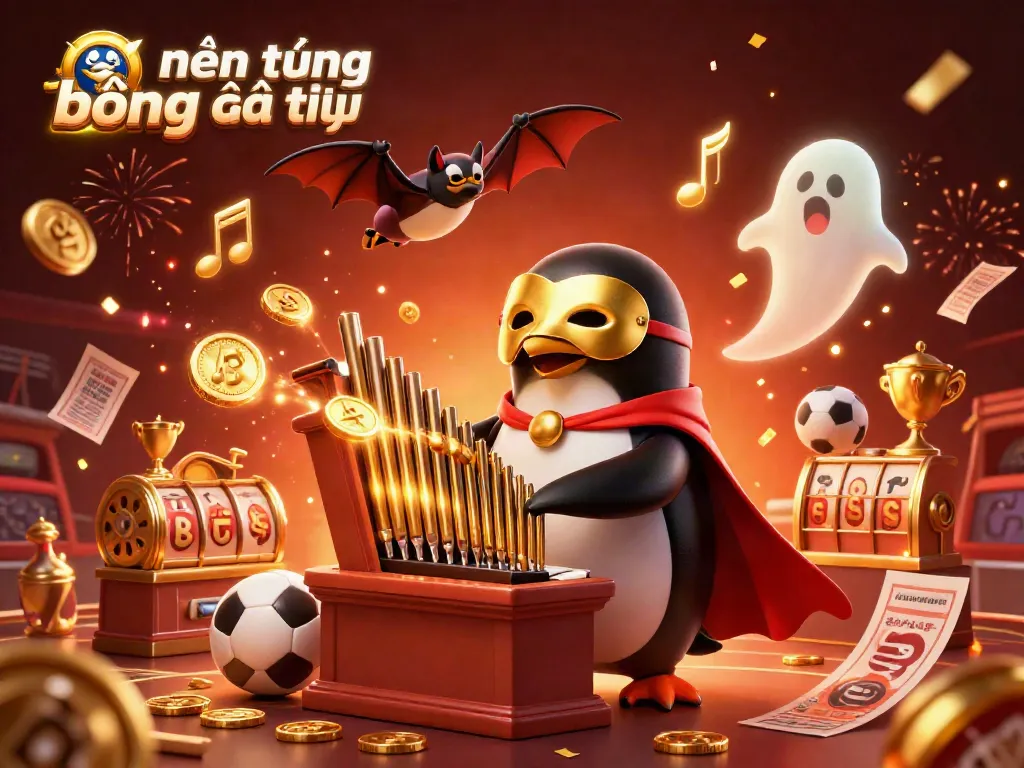 Engaging scene of nền tảng bóng đá trực tuyến featuring a whimsical penguin and sports elements, illustrating an exciting gambling atmosphere.