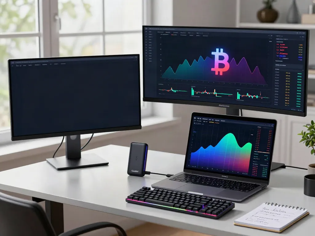 Read more on cryptocurrency trading trends in a modern workspace featuring multiple monitors and a sleek design.