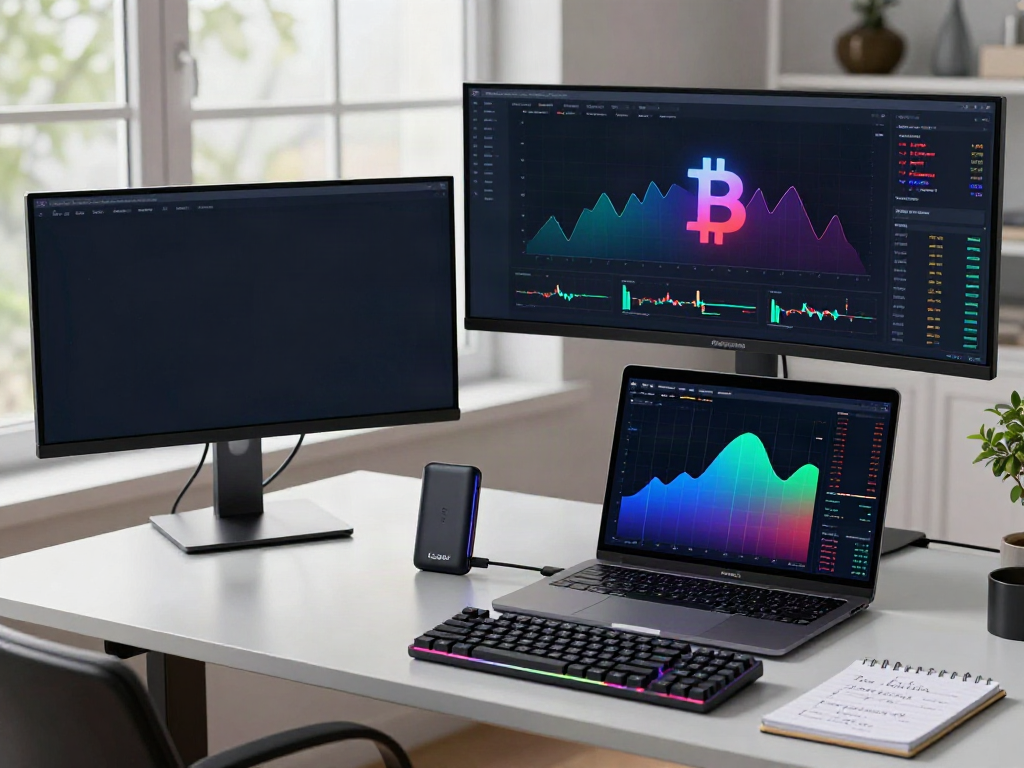 Read more on cryptocurrency trading trends in a modern workspace featuring multiple monitors and a sleek design.
