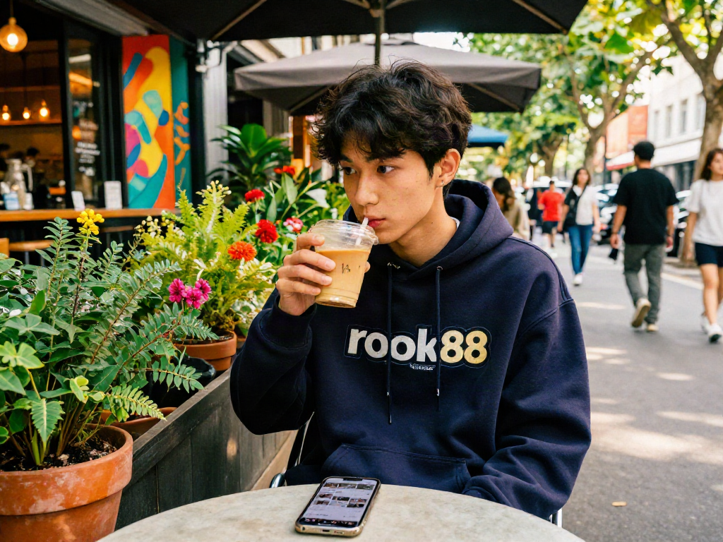 A fashionable young person with a rokok88 hoodie enjoying coffee at a vibrant street café in an urban setting.