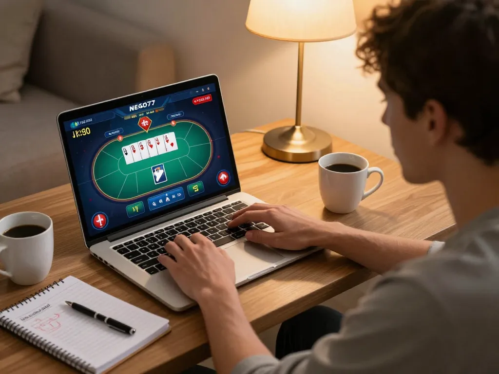 Engaging in online gaming with NEGO77 daftar, player focused on poker game strategy with laptop and notes.