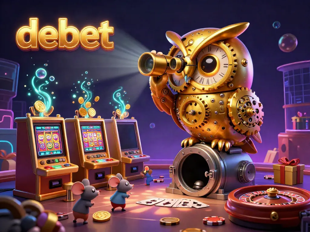 Engage with debet's thrilling casino experience highlighted by an animated gold owl and vibrant gaming elements.