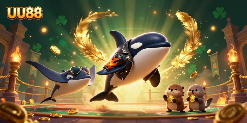 Experience the excitement of UU88 with a cartoonish gaming scene featuring an orca, stingray, and otters enjoying bountiful winnings.