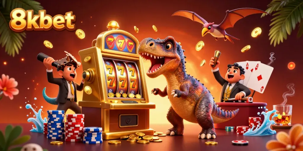 Experience the thrill of 8xbet casinos with a colorful, dynamic 3D scene featuring animated characters.