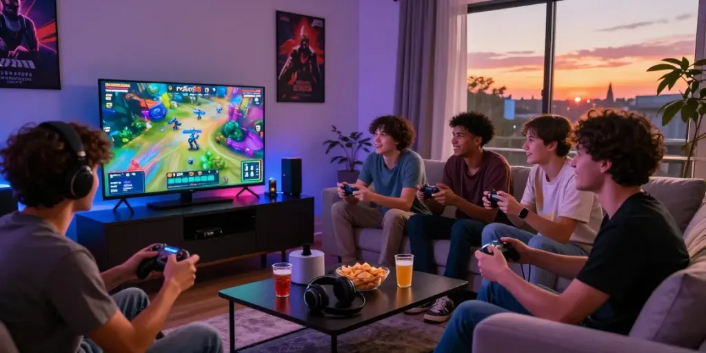 Friends enjoying a gaming night with "rokok88 rtp" on screen, snacks around in a vibrant living room.