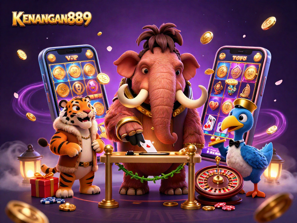 Experience the thrills of KENANGAN889 as a woolly mammoth bouncer checks IDs at a vibrant casino entrance.