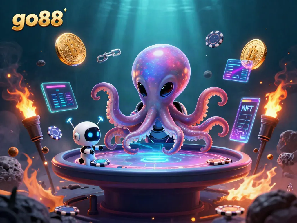 Engage in gaming action with go88, featuring a vibrant alien octopus at a holographic poker table.