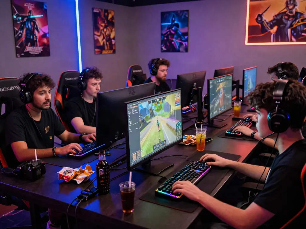 Players enjoying a competitive gaming session in a vibrant eSports lounge showcasing qqmacan.