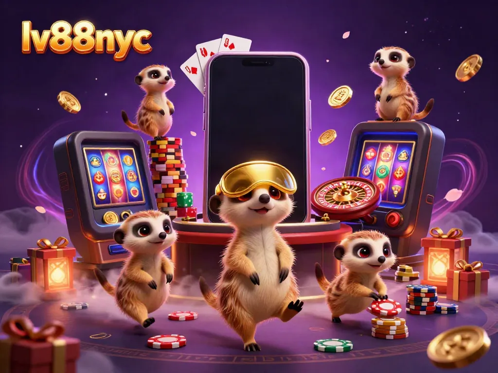 Experience the vibrant energy of lv88nyc with meerkats managing an elaborate casino setup featuring card games and colorful slot machines.