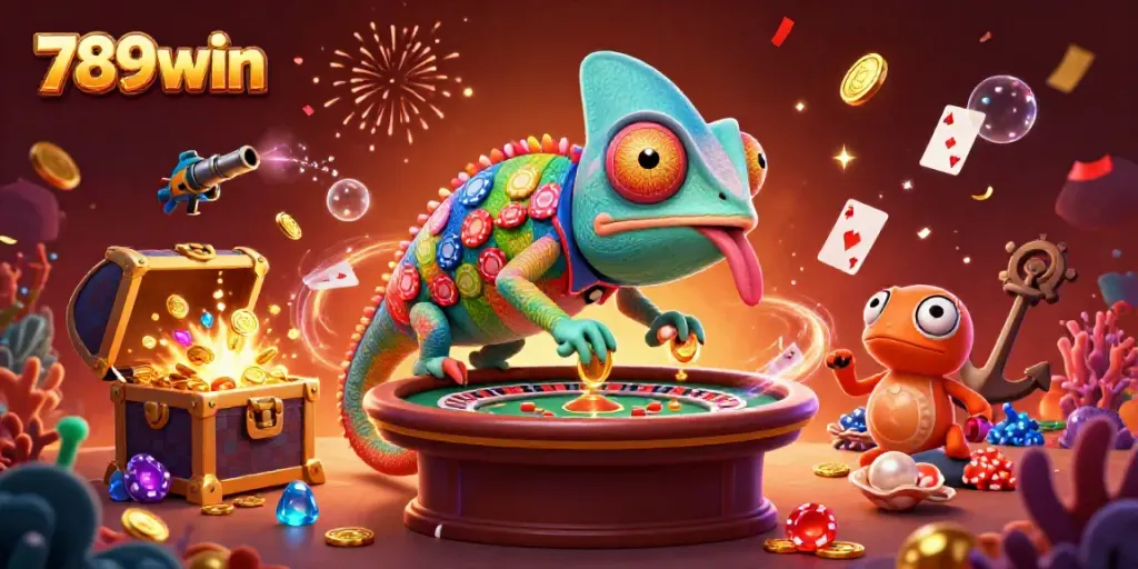Experience the vibrant casino action with 789win's chameleon mascot capturing golden coins.