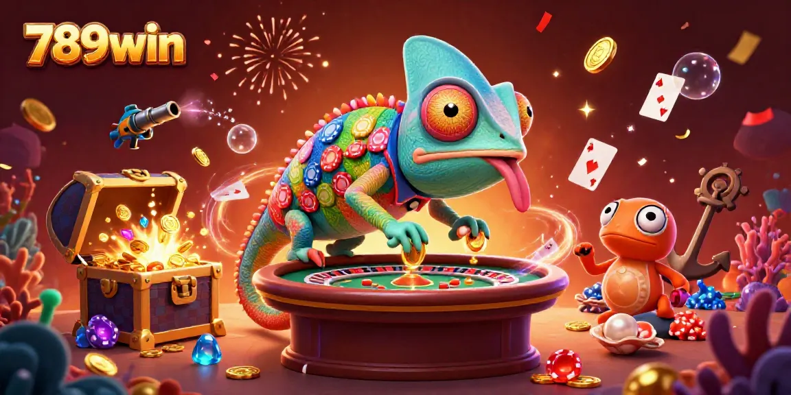 Experience the vibrant casino action with 789win's chameleon mascot capturing golden coins.
