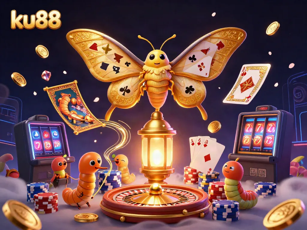 Spin to win at ku88 with a lively scene of golden coins, vibrant games, and colorful casino characters.