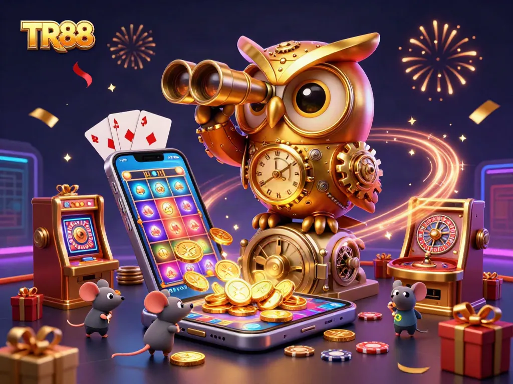 Engage in TR88 action with a vibrant 3D casino scene showcasing spinning slot reels and golden coins.