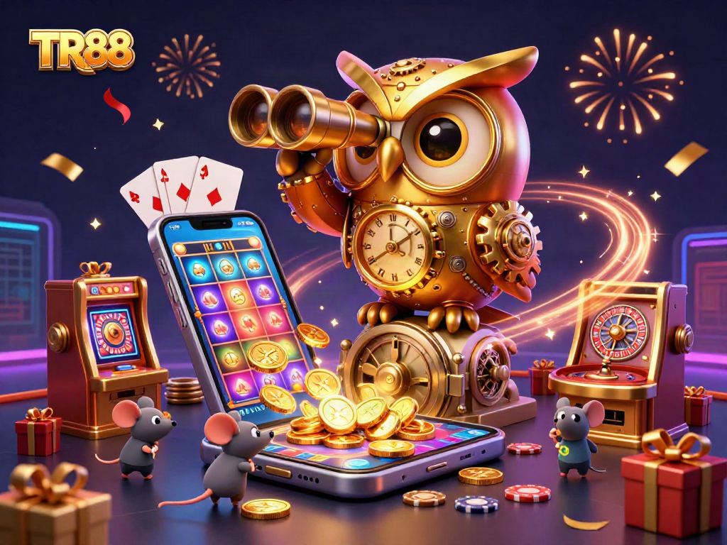 Engage in TR88 action with a vibrant 3D casino scene showcasing spinning slot reels and golden coins.