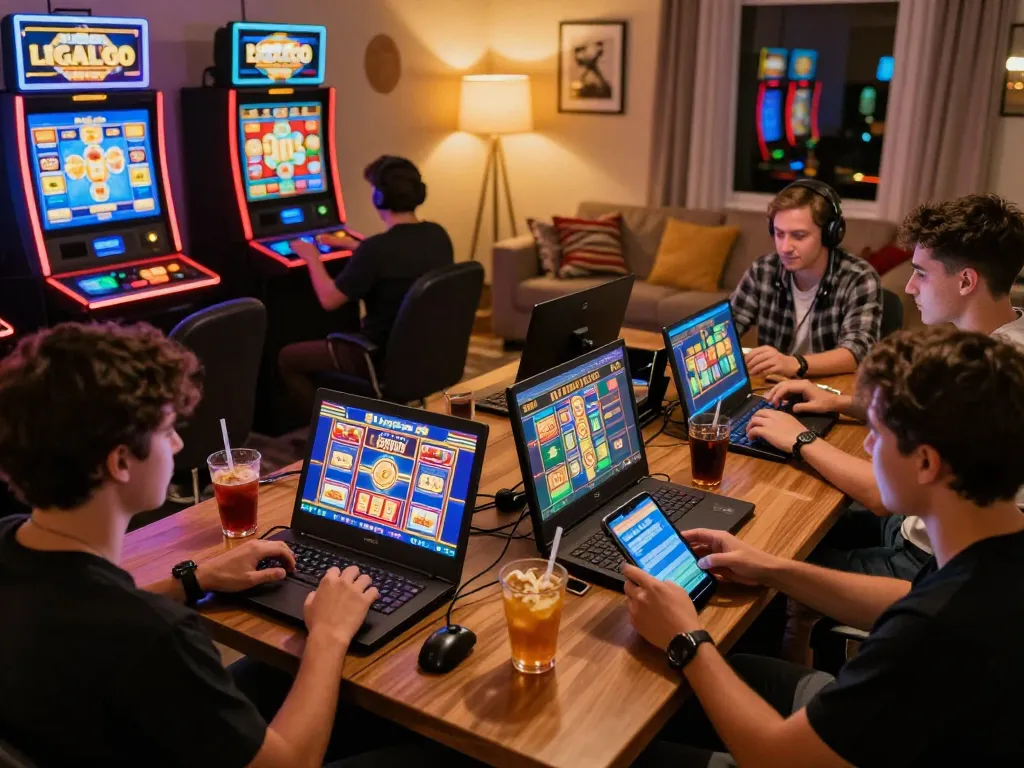 LIGALGO SLOT players enjoying a vibrant online gaming experience in a cozy home setup.