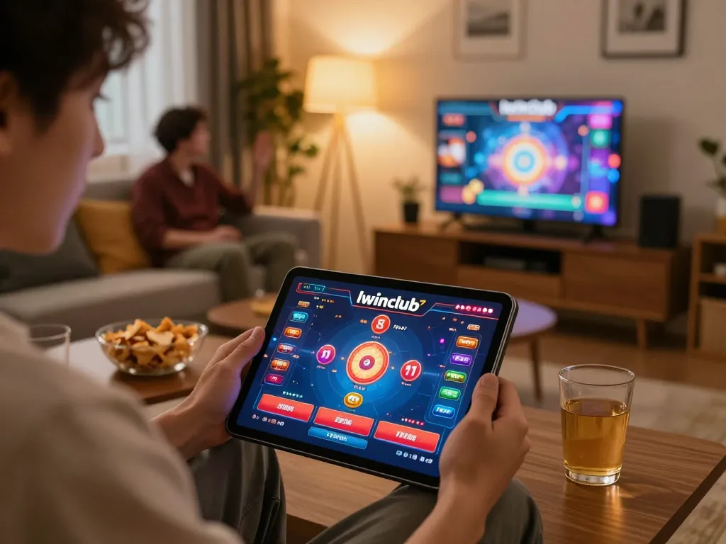 Iwinclub PG7 player engaging in online gaming, showcasing vibrant casino interface and cozy home setting