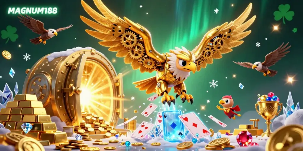Experience thrilling gambling action with MAGNUM188, featuring a cybernetic golden eagle in a dynamic casino scene.
