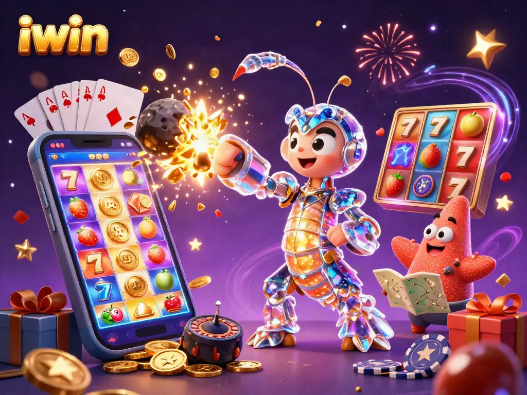 iwin showcases an exciting gaming scene with vibrant slots and gold coins bursting from screens.