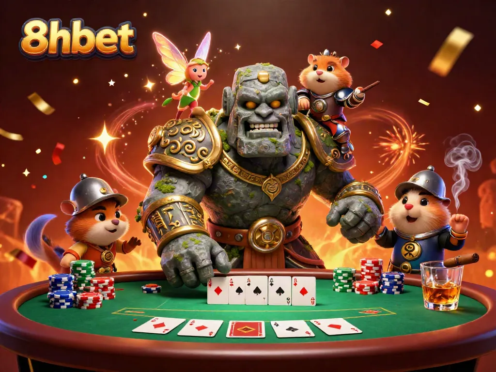Engage in thrilling poker action with 8xbet's dynamic characters in a vibrant casino scene.