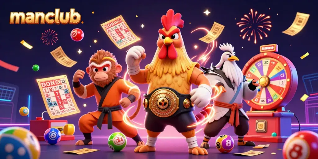 Experience dynamic gaming action in the manclub with cartoon characters amidst lottery excitement and vibrant colors.