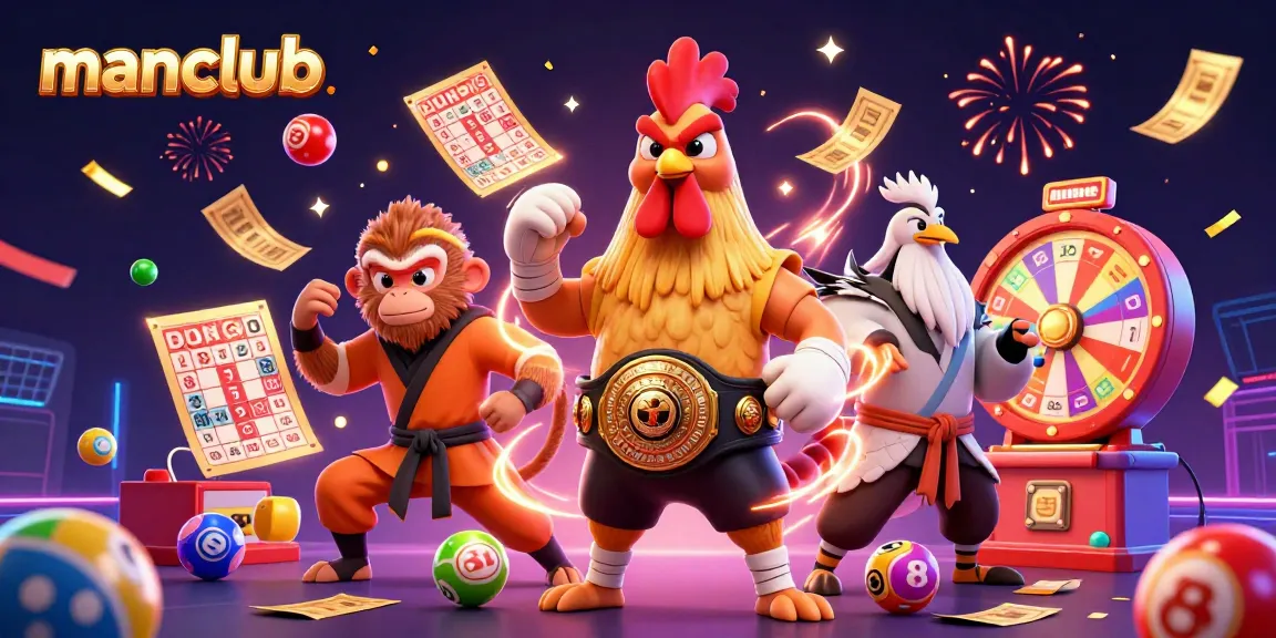 Experience dynamic gaming action in the manclub with cartoon characters amidst lottery excitement and vibrant colors.