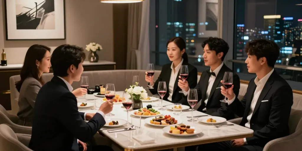 강남구구단 쩜오의 고급스러운 독립 룸에서 즐거운 저녁 모임 모습